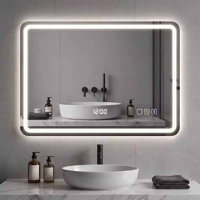 STILVORA Modern Rectangular Wall Mounted Bathroom Mirror with Dimmable LED Lighting, Bluetooth and Touch Switch in Silver