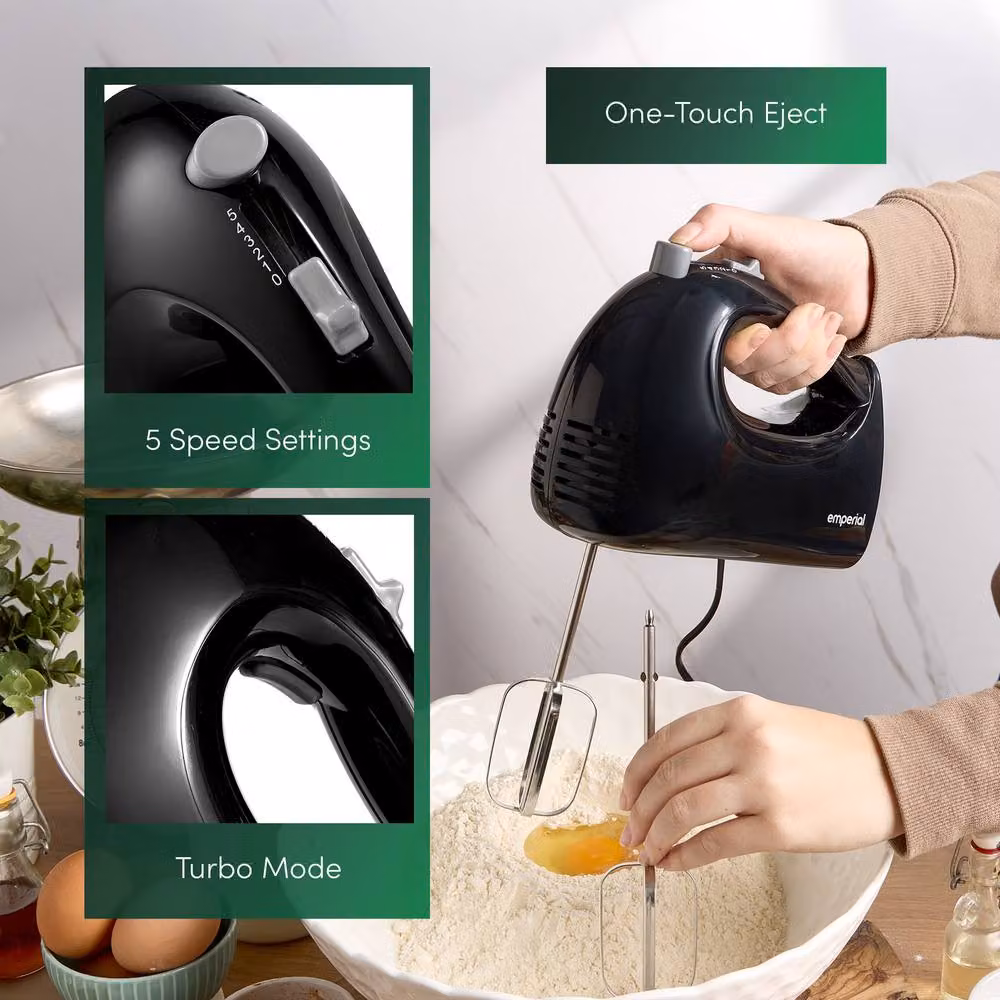 Emperial Electric Hand Mixer and Whisk with 5 Speeds and Attachments, Black – 6