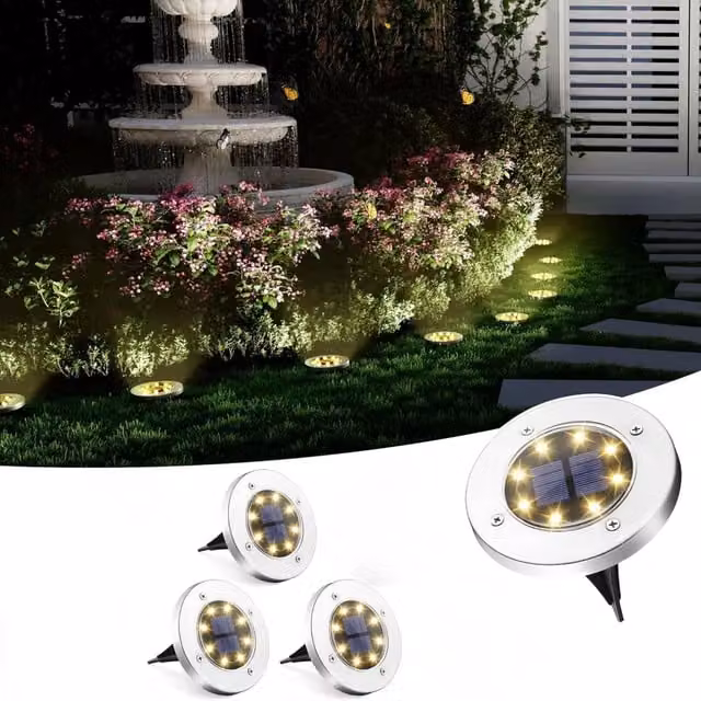 Garden Mile Set of 4 Silver LED Solar Powered Ground Lights with Dusk Sensor and IP65 Waterproof Rating