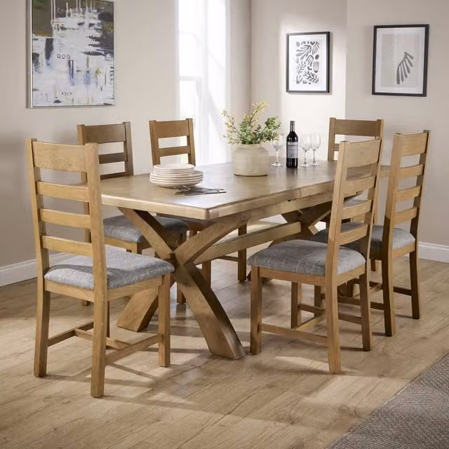 Home Source Oak Extending Rectangular Dining Table with 6 Upholstered Chairs in Grey Checked Pattern