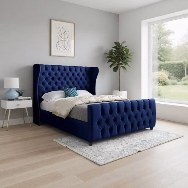Casani Horning Chesterfield Upholstered Velvet Bed Frame in Blue, W/D/H: 180 x 200 x 159 cm