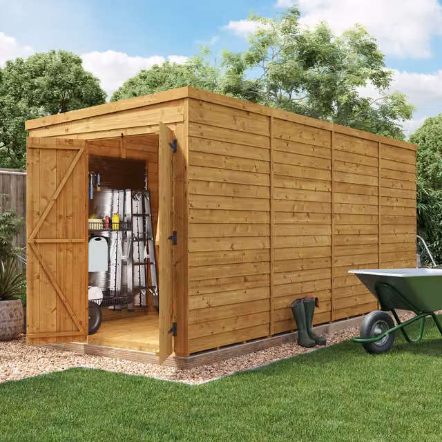 BillyOh Switch Overlap Pent Wooden Shed in Brown with Double Doors and Floor