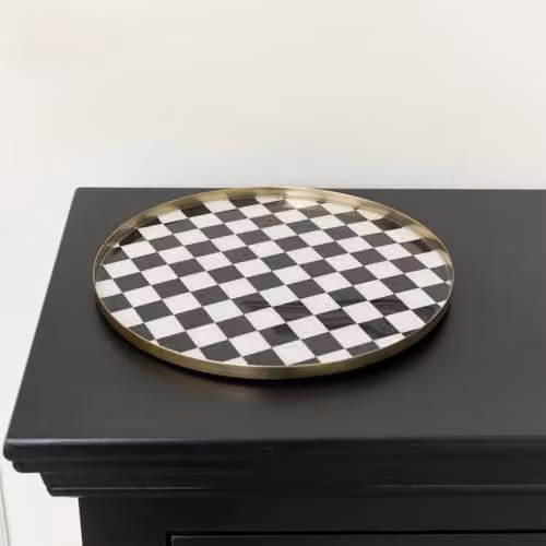 Melody Maison Checked Round Metal Tray in Black, Gold and White
