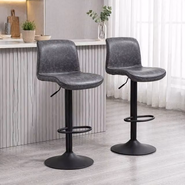 STILVORA Set of 2 Adjustable Height Swivel Bar Stools in Dark Grey Synthetic Leather – 1