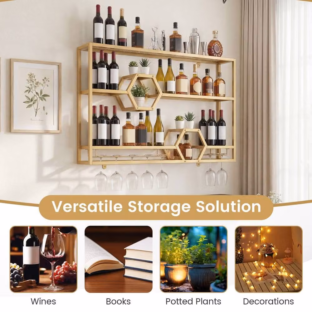 Costway Modern Gold Floating Bar Shelves, Wall Mounted Decorative Bottle Display Storage – 4