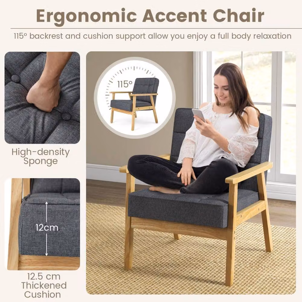Costway Modern Upholstered Accent Sofa Chair in Grey with Rubberwood Armrests – 4