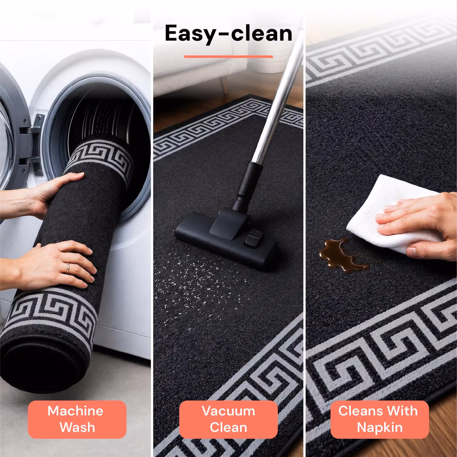 Smart Living Greekey Heavy Duty Non Slip Machine Washable Hallway and Kitchen Door Mat, Black, W: 67 cm x L: 220 cm – 4