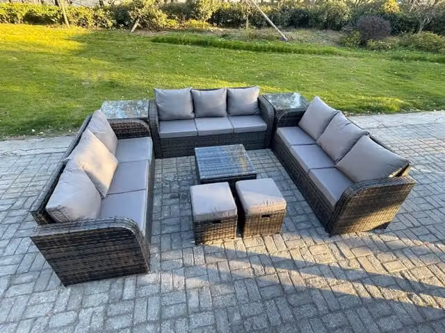 Fimous 11 Seater Rattan Outdoor Garden Furniture Set in Dark Grey with Square Coffee Table, 3 Seater Sofa and 2 Footstools