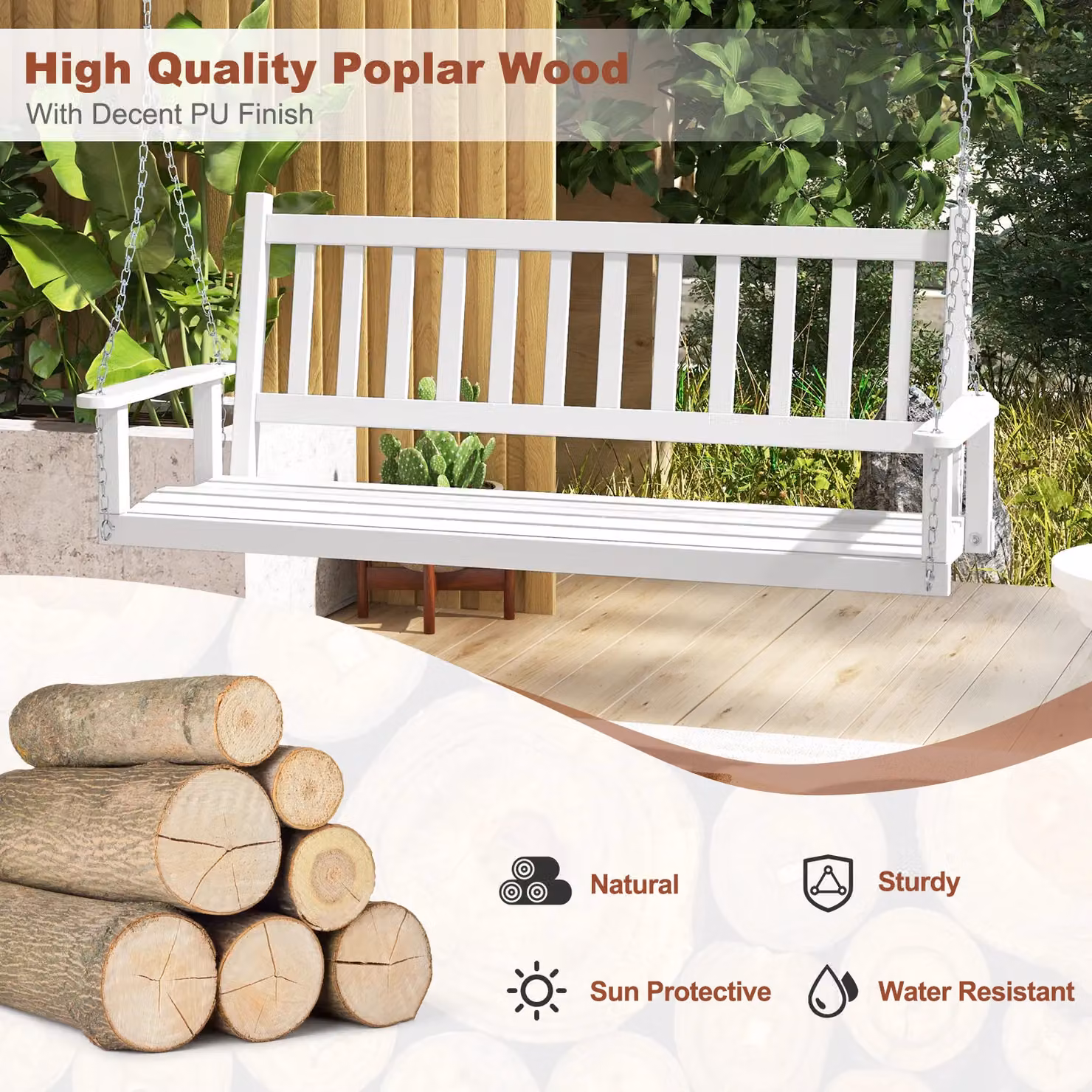 Costway 3-Person Wooden Garden Swing Bench with Slatted Back and Armrests in White – 3