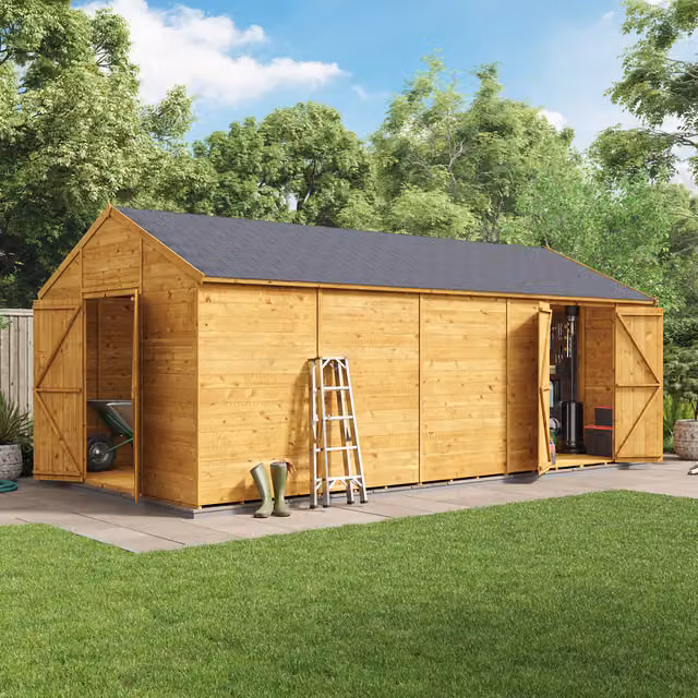BillyOh Rustic Brown Wooden Apex Workshop with Double Doors and Floor, 610 x 305 cm