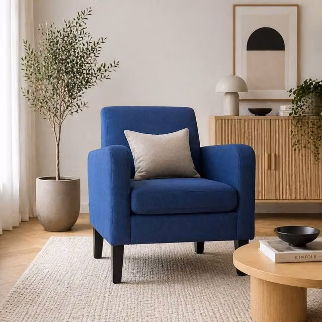 Wyld Haus Niro Blue Linen Look Box Armchair with Solid Rubberwood Frame – 1