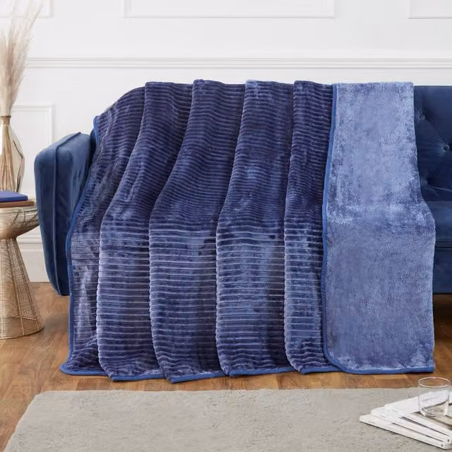 Rapport Blue Ribbed Faux Fur Polyester Super Soft Cosy Throw