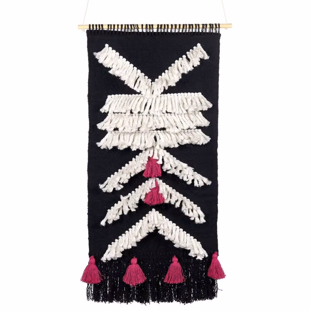 Wyld and Coco Handwoven Geometric Black and White Tassel Textile Wall Hanging – 2