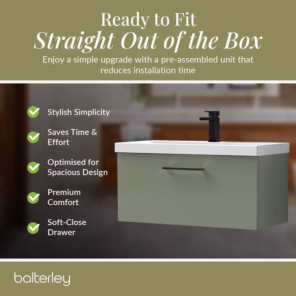 Balterley 800mm Wall Hung 1 Drawer Vanity Basin Unit in Satin Green with Black Handle – 4