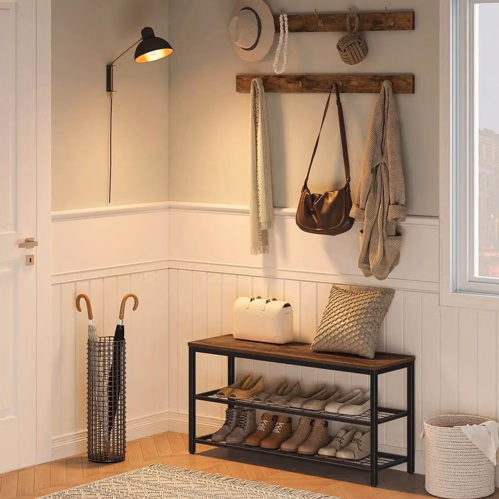 KORVIXA Hall Tree Coat Rack and Entryway Shoe Bench Set in Brown, W/D/H: 100 x 100 x 100 cm – 3
