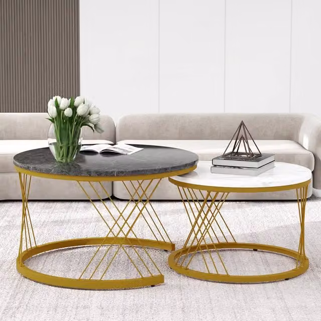 ModernLuxe Set of 2 Nesting Coffee Tables with Multicolour Marble Effect Tops and Gold Metal Frames – 1