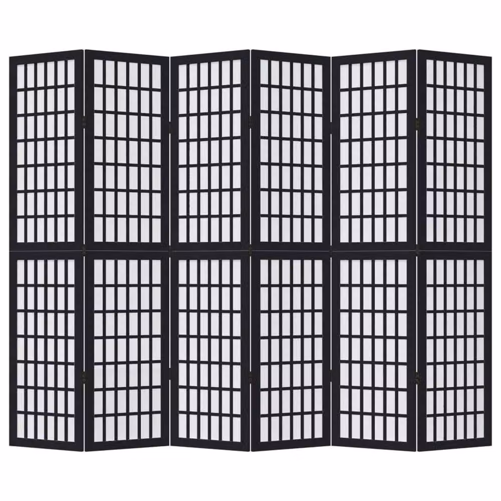 Berkfield Home 6 Panel Room Divider in Black Solid Paulownia Wood, H 215 x W 180 x D 6 cm – 3