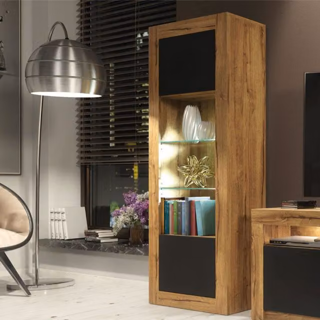 Creative Furniture Illume Modern Display Cabinet with Glass Doors and Integrated Lighting in Black and Brown Oak