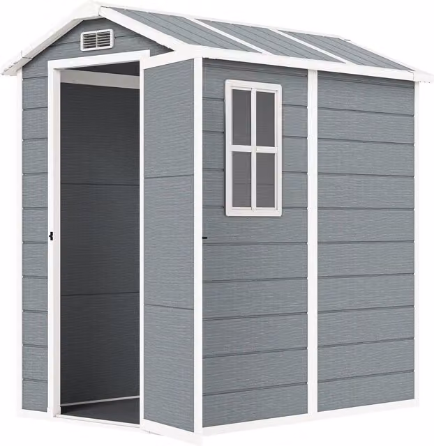 Outsunny Grey Outdoor Storage Shed with Built-In Floor, Lockable Door, Windows and Vents, W/D/H: 121.92 x 175 x 121.92 cm