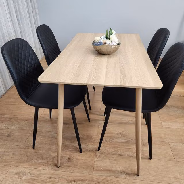 Kosy Koala Modern Kitchen Dining Table and 4 Black Faux Leather Padded Chairs Set in Oak and Black