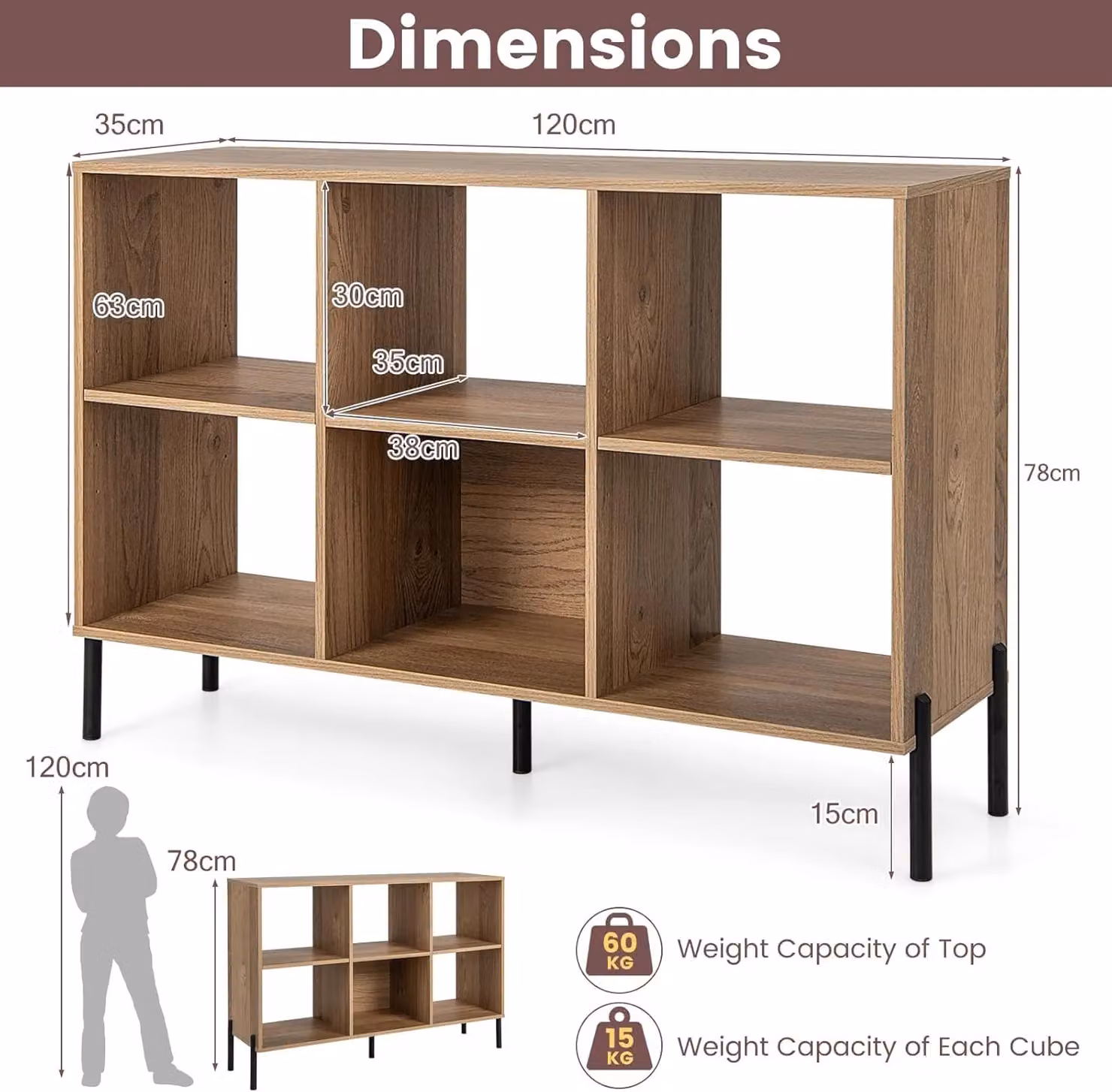 Gymax 3-Tier Wooden Open Bookshelf Display Cabinet with Adjustable Shelves and Metal Legs in Brown and Beige – 2