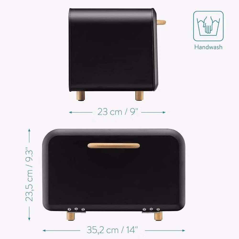 Havendro Metal Bread Bin with Roll Front Drop Down Door in Black, W: 35.2 cm, D: 23.5 cm, H: 23.0 cm – 2