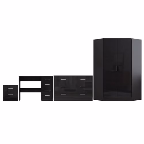 Reflect Modern Bedroom Furniture Set in Black Gloss, including Corner Wardrobe, Wide Chest, Bedside Table and Desk – 2