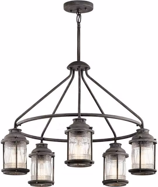 Loops Weathered Zinc 5 Bulb Outdoor IP44 Chandelier in Grey with Multicolour Glass
