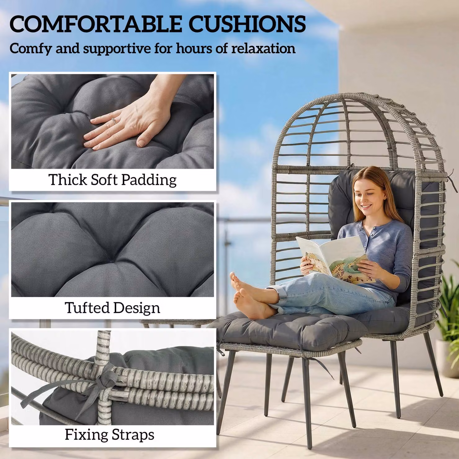 Outsunny Rattan Egg Chair and Ottoman Set with Thick Cushions in Light Grey – 6