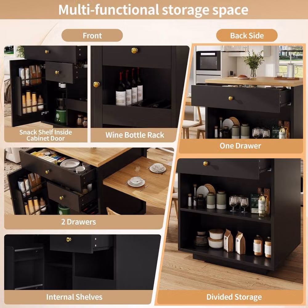 Rolipo Black Extendable Modern Kitchen Island with Storage and Wine Rack – 7