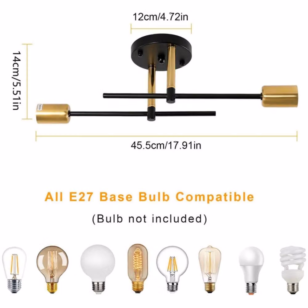 COMELY Sputnik Industrial Ceiling Light, 2-Light E27 Chandelier in Black and Gold/Brass – 2