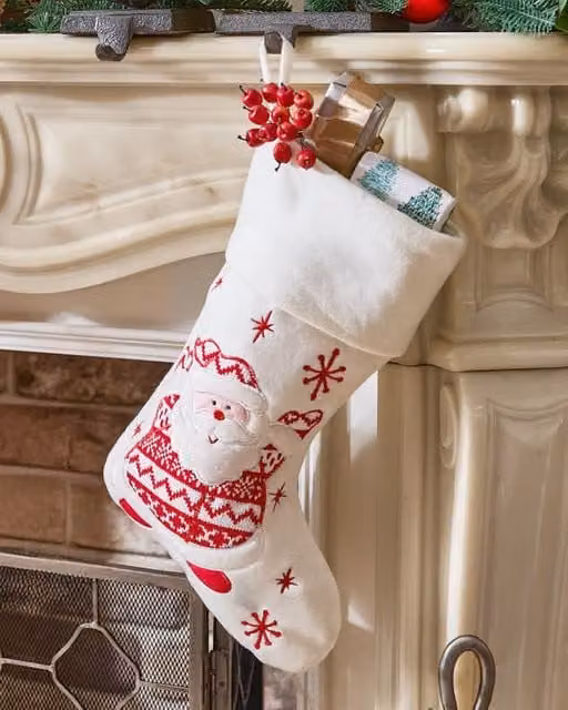 Dibor Set of 4 Snowy Santa Children's Christmas Stockings in White and Red