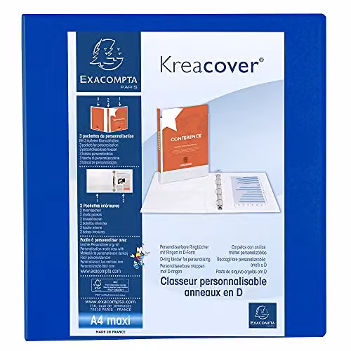 Exacompta Blue Opaque Rigid Plastic A4 Ring Binder with 4 Rings and 3 Pockets – 1
