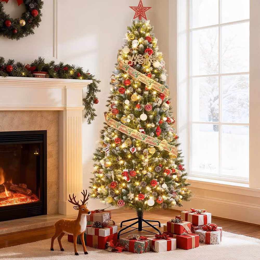 London Boutique 6ft Pre-Lit Artificial Pencil Spruce Christmas Tree in Green – 6