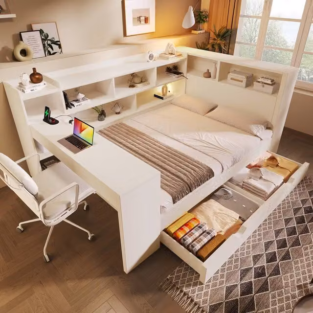 Merax White Solid Wood Daybed with Storage Drawers, Bedside Shelf and USB Charging Port, W/D/H: 140 x 200 cm