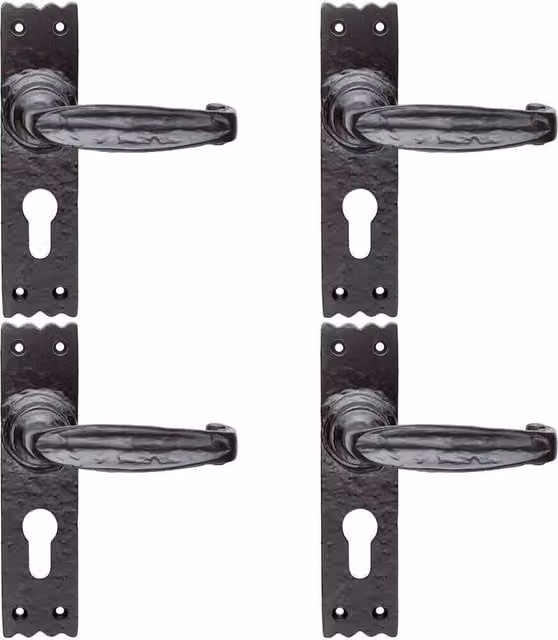 Loops 4 Pairs Creased Style Lever on Slim Euro Lock Backplate, Black Antique, W: 15.6 cm, H: 3.8 cm