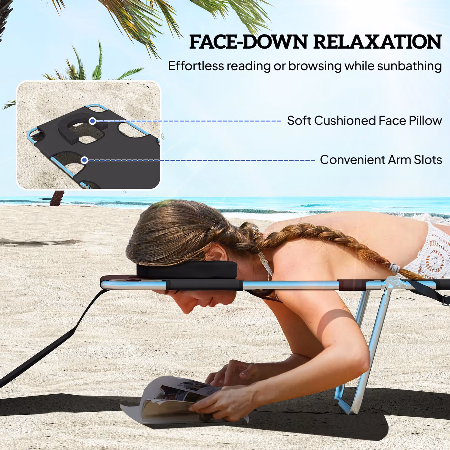 Outsunny Foldable Beach Chaise Lounge with Adjustable Backrest and Side Pocket, Black – 4