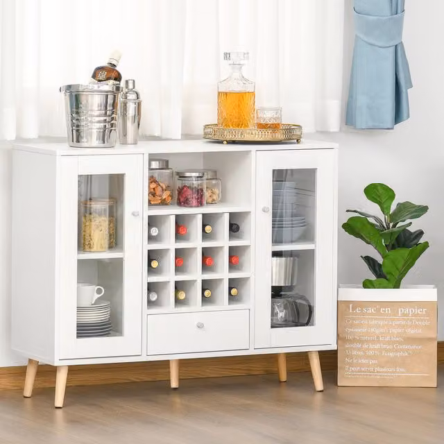HOMCOM Modern White Sideboard with Glass Doors, Drawer and Wine Rack