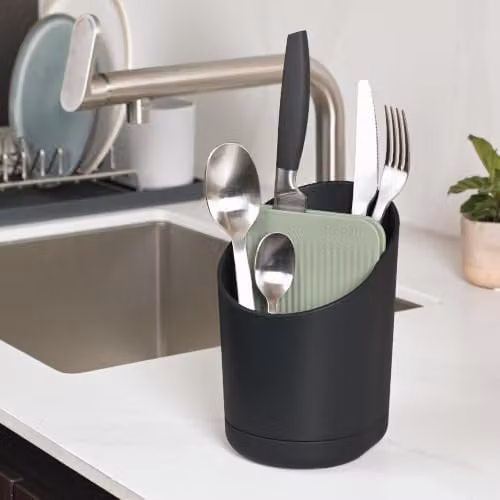 ReBorn Recycled Plastic Kitchen Cutlery Drainer Drying Rack with Drip Tray, Charcoal Grey and Sage Green, W: 17.4 cm, D: 13.8 cm, H: 11.4 cm – 4