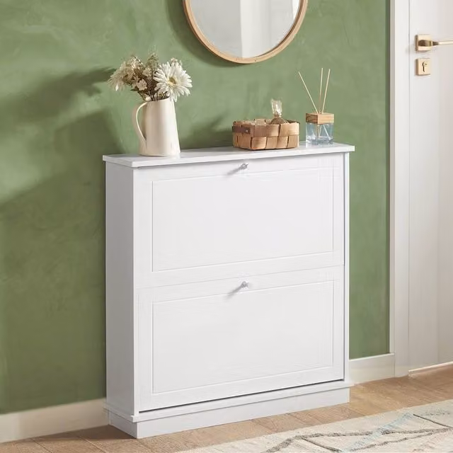 SoBuy Slim White Matt Shoe Cabinet with Tilting Compartments and Internal Shelves