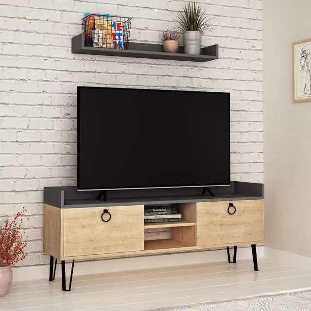 Keday Modern Oak TV Stand Multimedia Centre with Wall Shelf