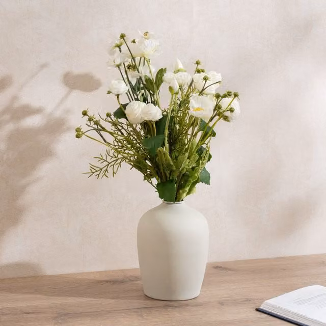 Scottish Everlastings Ltd White Poppy, Rose and Cosmo Mixed Floral Bouquet with Off-White Ceramic Vase, Height: 45 cm, Vase Height: 13 cm – 1