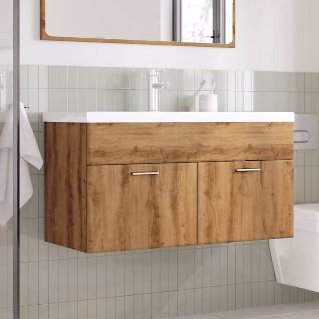 Berkfield Home Artisan Oak Bathroom Sink Cabinet with Built-in Basin in Brown and White, W/D/H: 90.0 x 46.0 x 38.5 cm