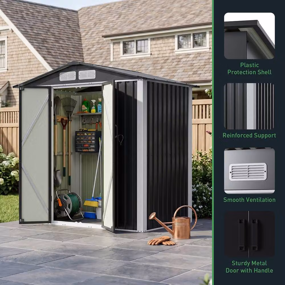 Living and Home Metal Garden Storage Shed with Lockable Door, Black, W: 182.88 cm, D: 121.92 cm, H: 181.0 cm – 5