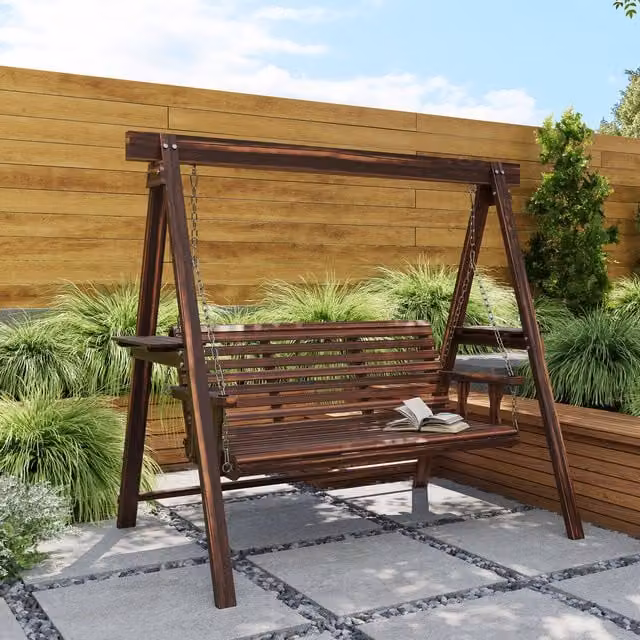 Outsunny 3 Seater Wooden Garden Swing Chair with Side Tables and Armrests in Brown Rustic Carbonised Finish