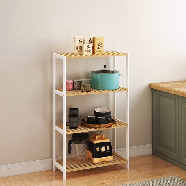 Levede 4 Tier Bamboo and Steel Storage Shelving Unit, White and Yellow