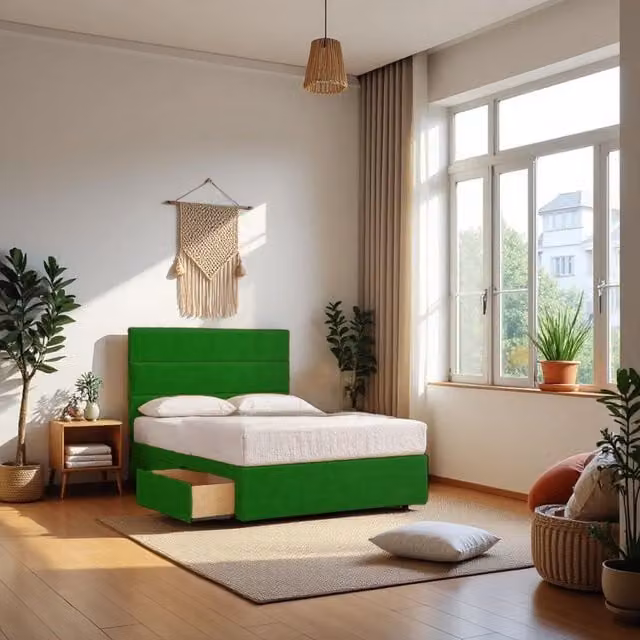Knight Sleep York Hybrid Sprung Orthopaedic Bed Set with Upholstered Headboard in Green, W/D: 120 x 200 cm – 1