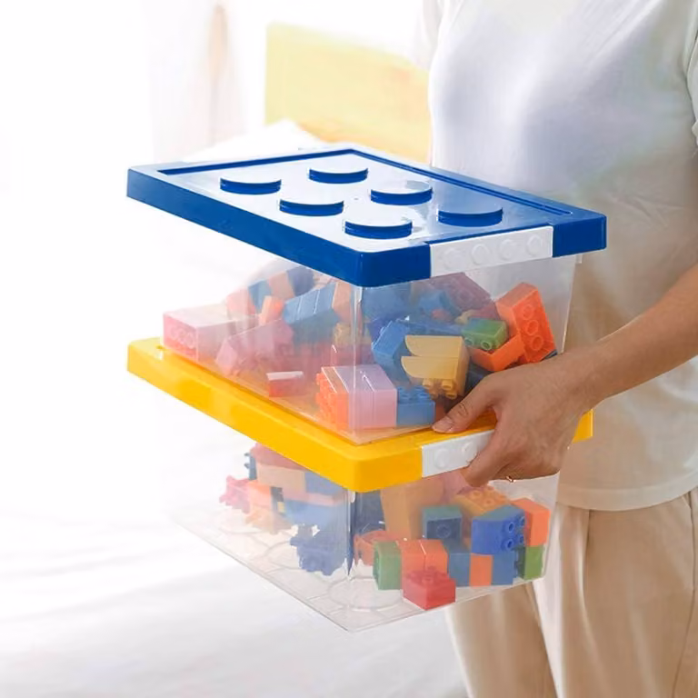 Greentainer Stackable Plastic Toy Bins with Lid, 2 Pack, Blue, Yellow or Transparent