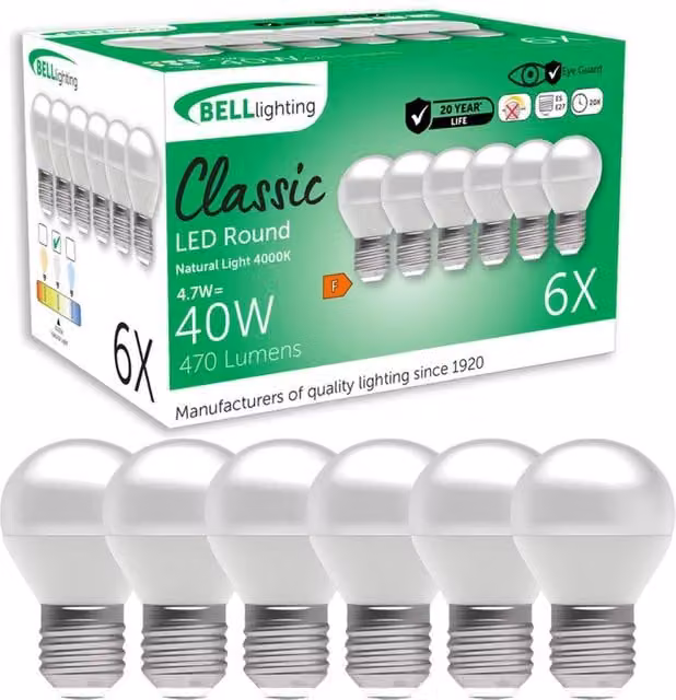 BELL Lighting E27 LED Golf Ball Bulb, Non-Dimmable, Natural White, 4.7W, Pack of 6