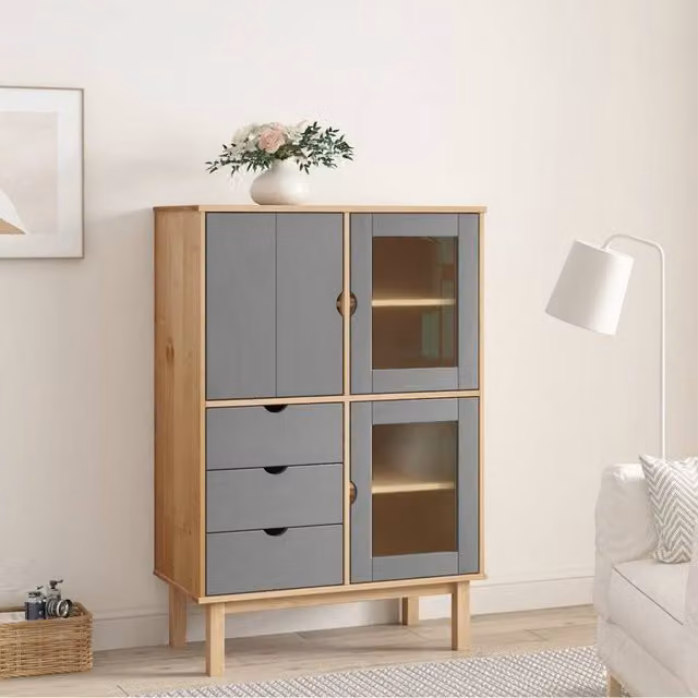 Berkfield Home OTTA Highboard in Brown and Grey Solid Pine Wood, W/D/H: 85 x 43 x 125 cm – 1